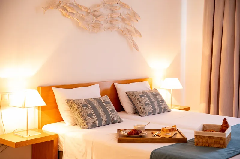 A breakfast tray on the bed