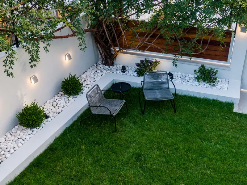 The garden, with its lawn and trees