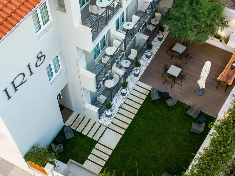 IRIS from above: the white building, its balconies and the garden